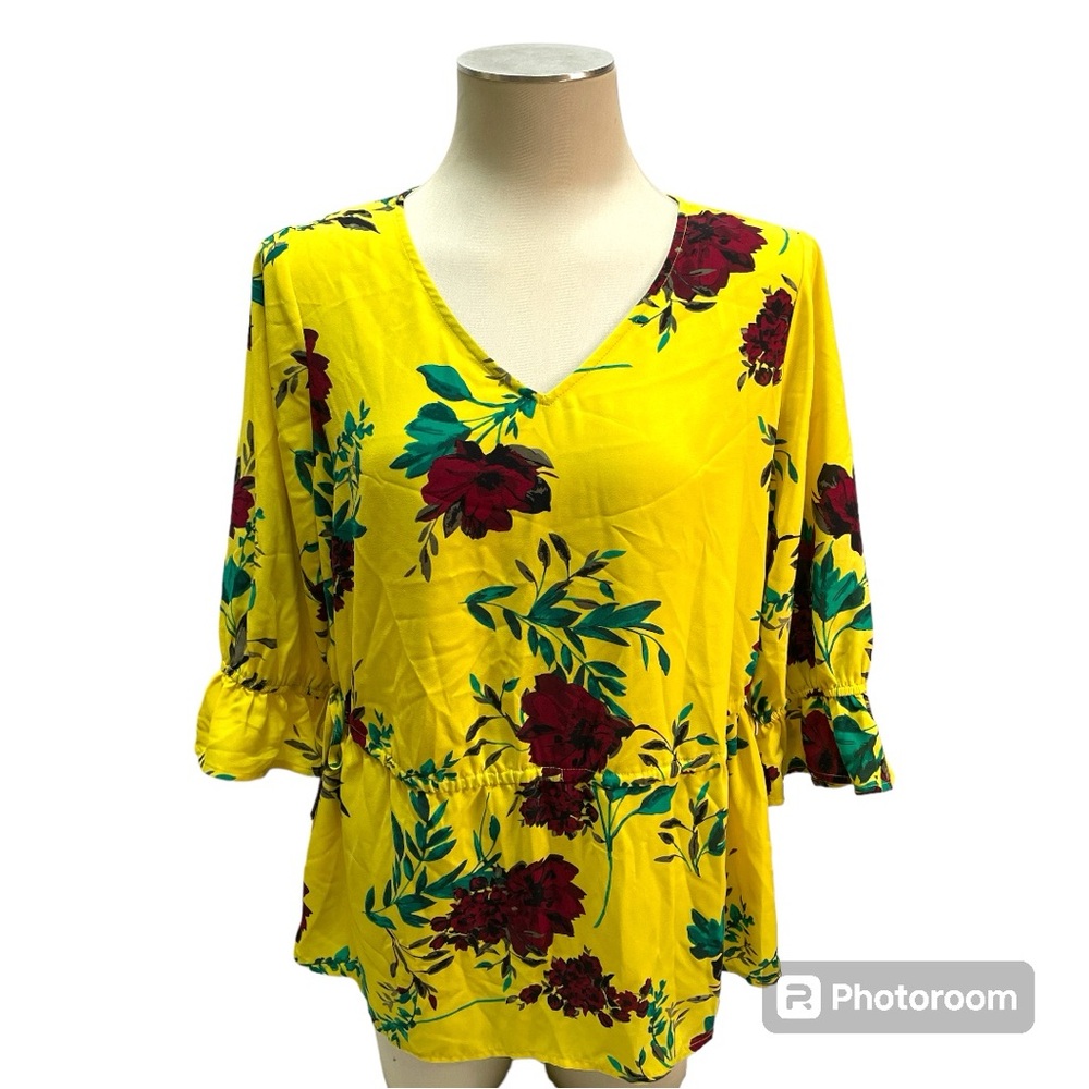 Evri Yellow Floral V Neck Drawstring Peplum Top with Bell Sleeves Size 0X